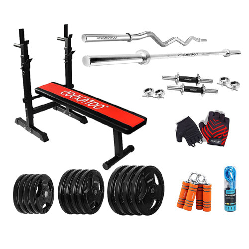 Cockatoo Professional Gym Training (10 Kg to 100 Kg) Home Gym Set With Regular Metal Integrated Rubber Plates With Adjustable Weight bench