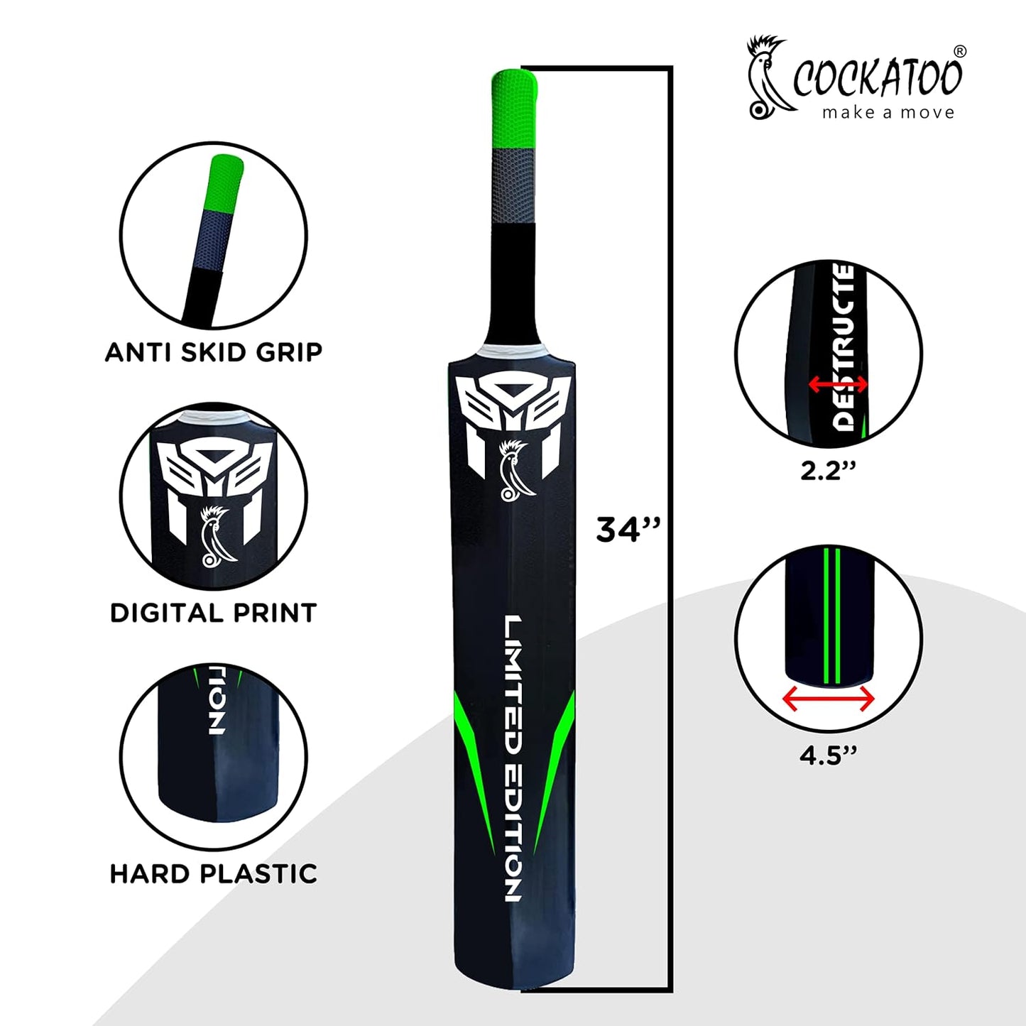 Cockatoo Destructor Complete Cricket Set l Academy Size (34'' x 4.5'') Bat with 3+1 Wicket Set and 1 Wind Ball l Heavy Duty Plastic Power Series l (Black-Florescent Green) l for Ages 15 and Above