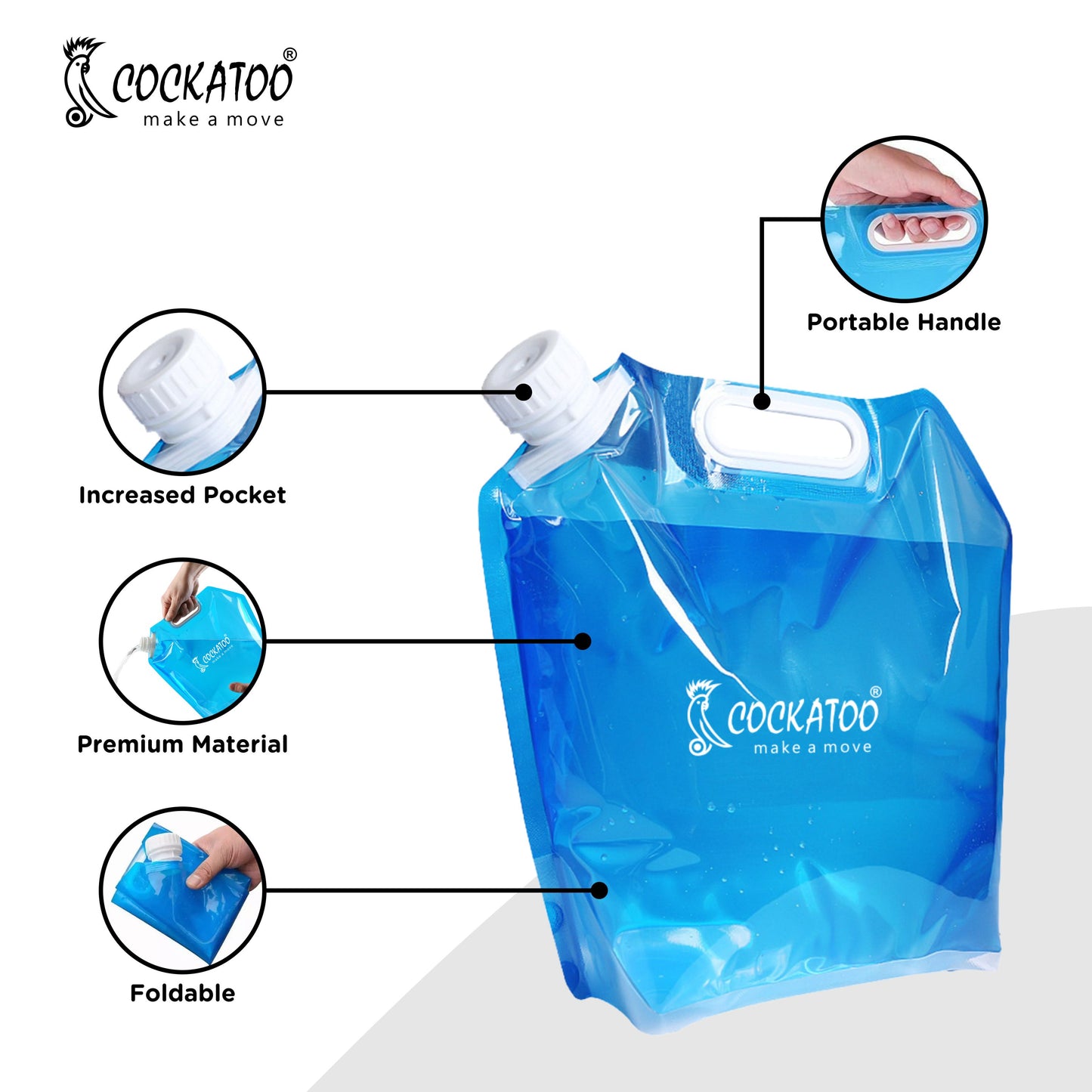 Cockatoo 10L Water Storage Tank, Portable Water Carrier Lifting Bag for Camping Hiking, Material: PP(6 Month Waranty )