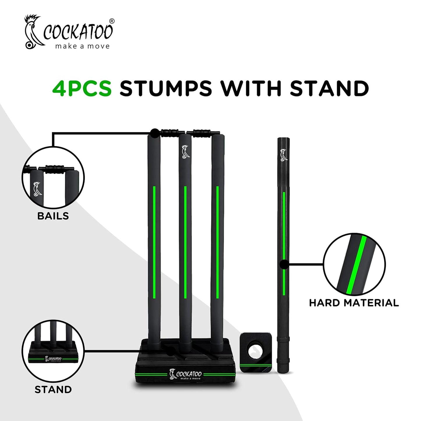 Cockatoo Destructor Complete Cricket Set l Academy Size (34'' x 4.5'') Bat with 3+1 Wicket Set and 1 Wind Ball l Heavy Duty Plastic Power Series l (Black-Florescent Green) l for Ages 15 and Above