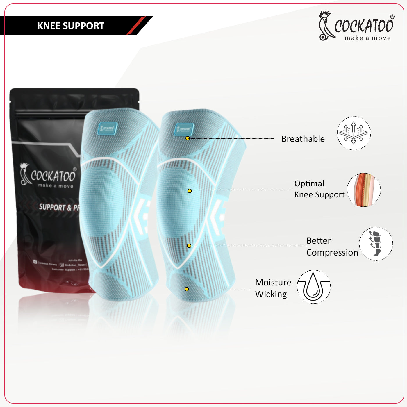 Cockatoo Knee Compression Support KN-222 - Nylon & Spandex Material - Green Color - Extra-Large Size - for Gym, Running, Cycling, Sports, Jogging, Workout, and Pain Relief