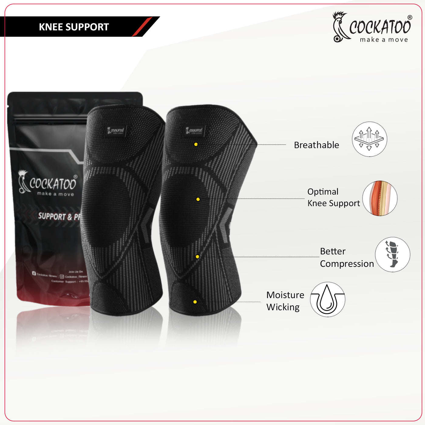 Cockatoo Knee Compression Support KN-222 - Nylon & Spandex Material - Green Color - Extra-Large Size - for Gym, Running, Cycling, Sports, Jogging, Workout, and Pain Relief