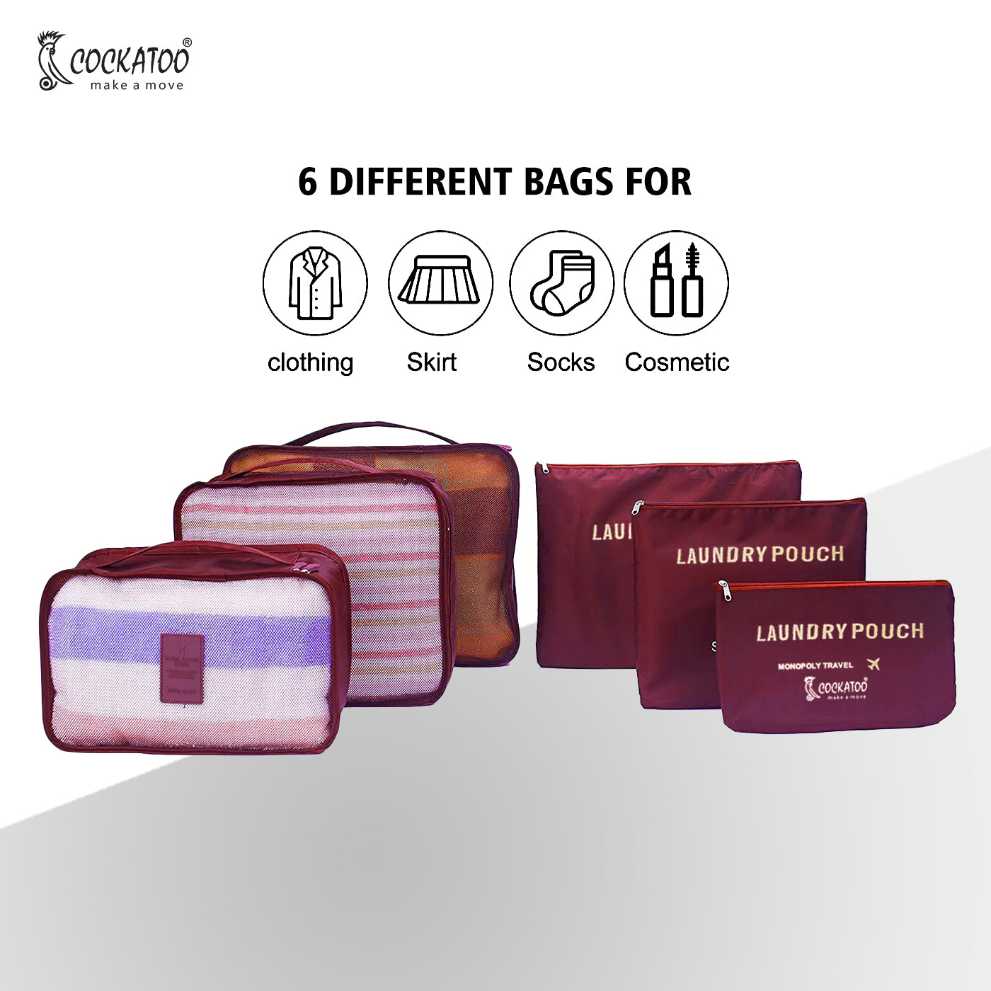 Cockatoo Horizon 6 Pc Travel Storage Bag,Travel Organizer Bags for Luggage, Material: Oxford Cloth(6 Month Warranty)