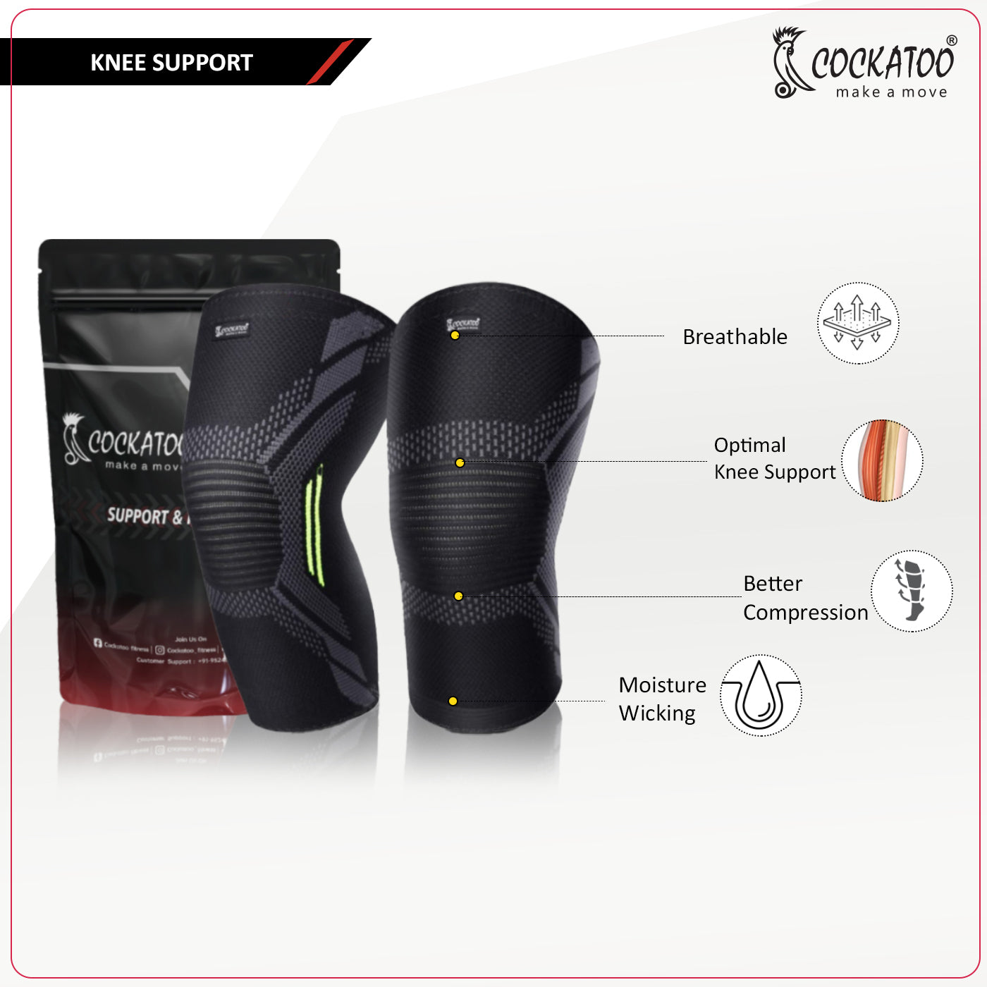 Cockatoo Knee Compression Support KN-111 - Nylon & Spandex Material - Green Color - Extra-Large Size - for Gym, Running, Cycling, Sports, Jogging, Workout, and Pain Relief