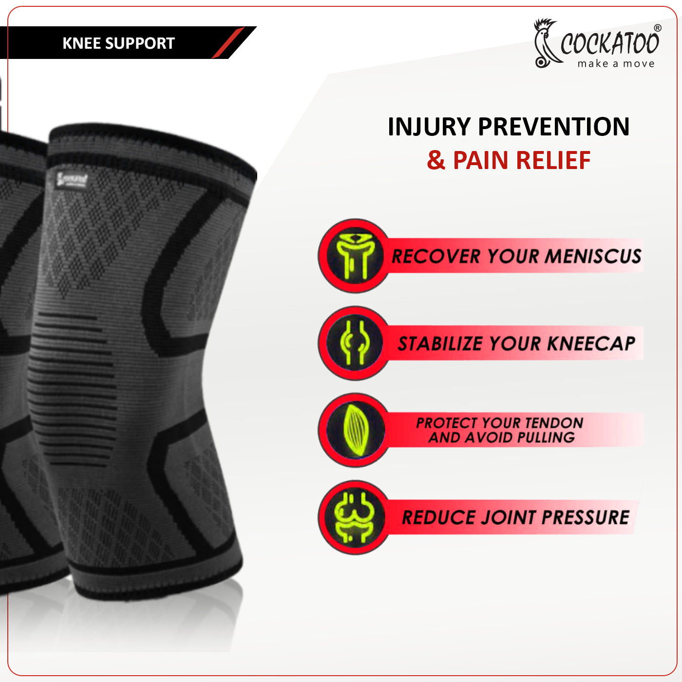 Cockatoo Knee Compression Support KN-333 - Nylon & Spandex Material - Green Color - Extra-Large Size - for Gym, Running, Cycling, Sports, Jogging, Workout, and Pain Relief