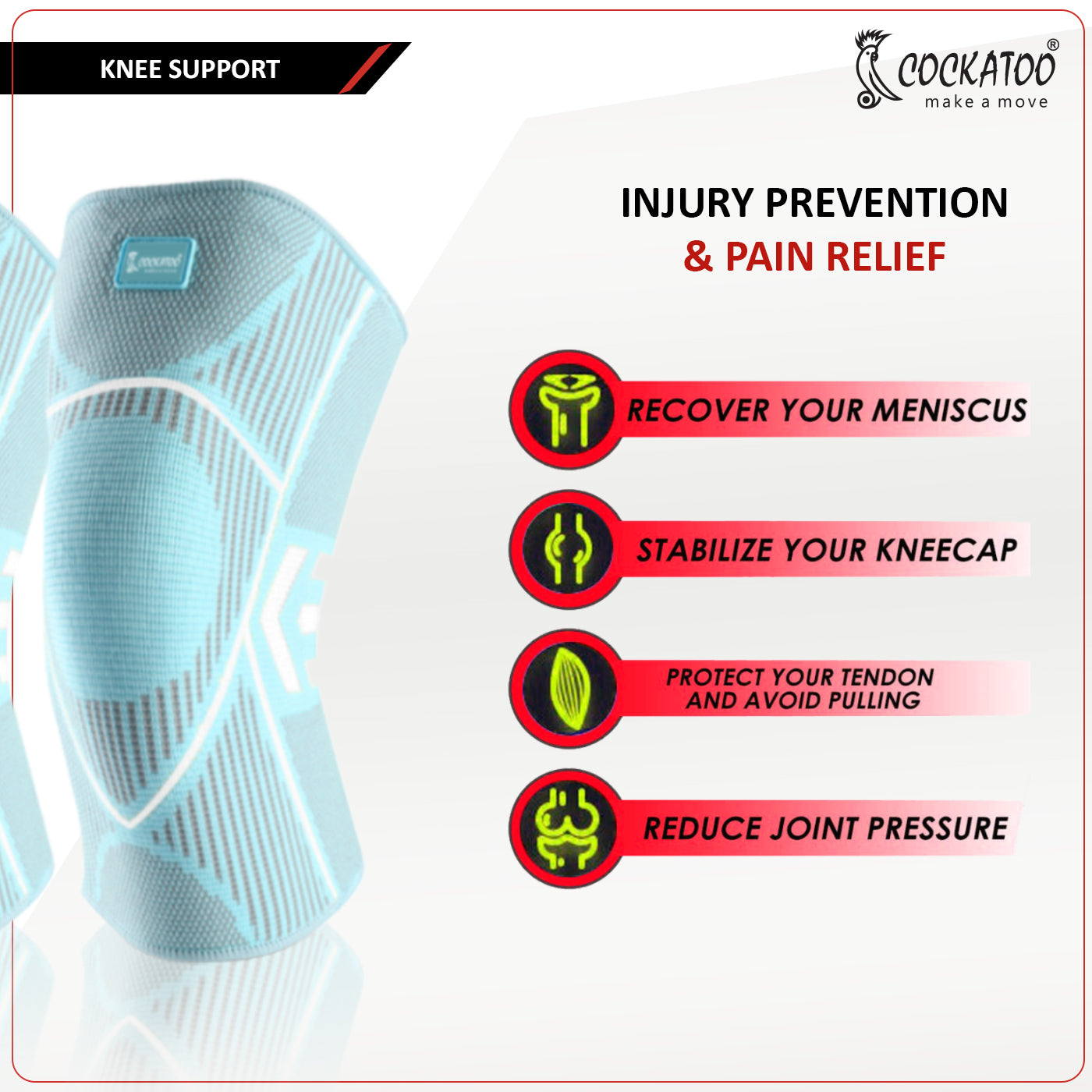 Cockatoo Knee Compression Support KN-222 - Nylon & Spandex Material - Green Color - Extra-Large Size - for Gym, Running, Cycling, Sports, Jogging, Workout, and Pain Relief
