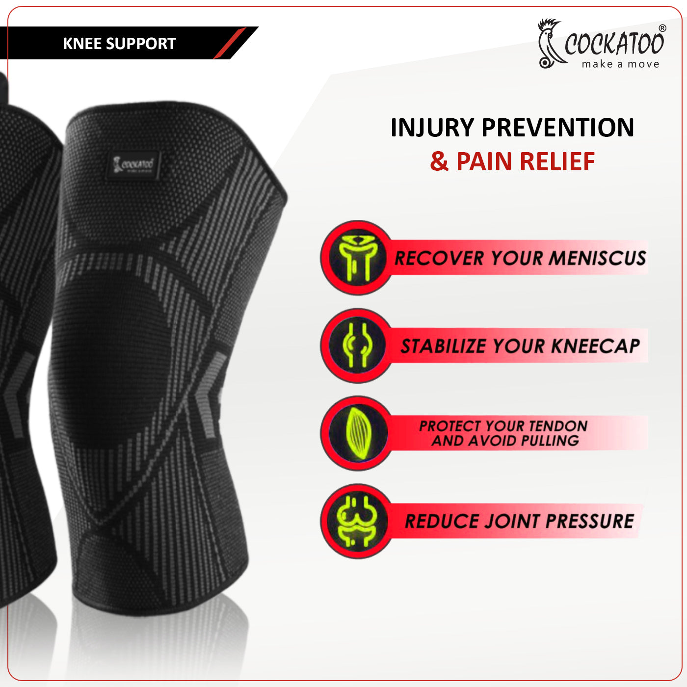 Cockatoo Knee Compression Support KN-222 - Nylon & Spandex Material - Green Color - Extra-Large Size - for Gym, Running, Cycling, Sports, Jogging, Workout, and Pain Relief