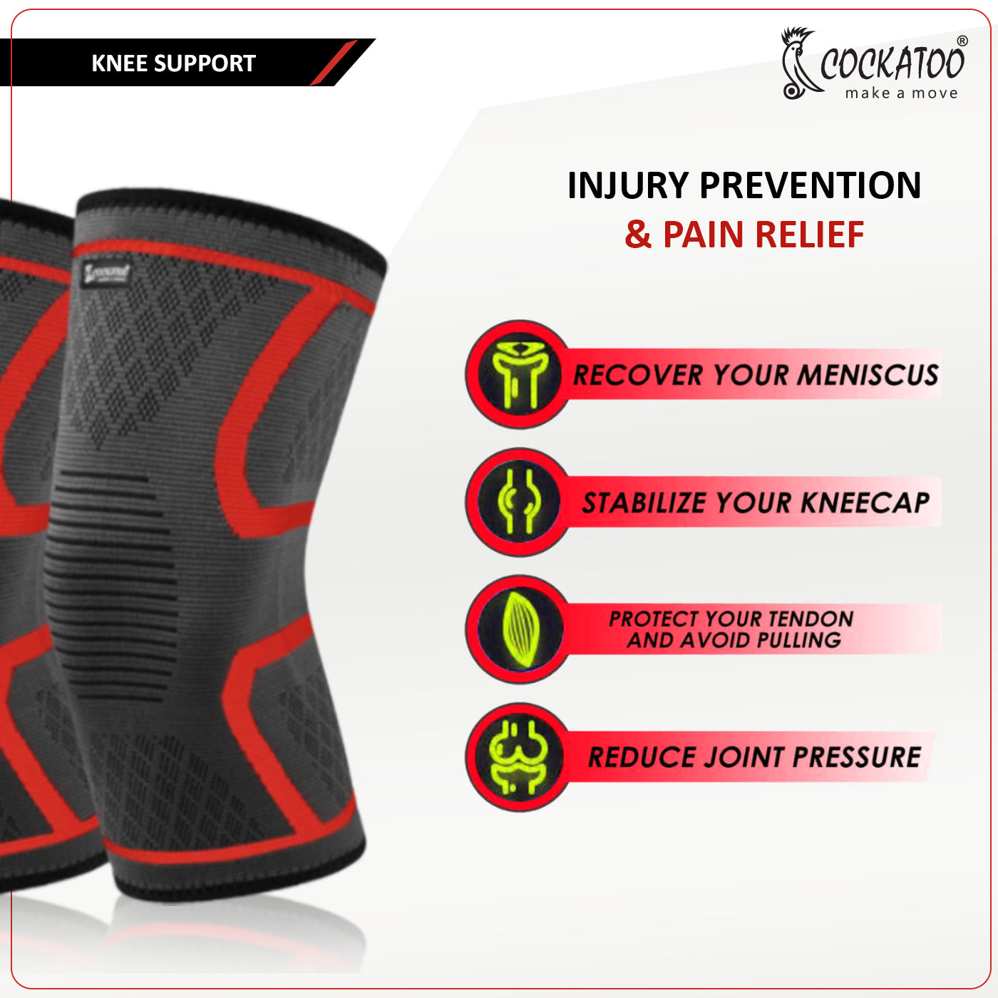Cockatoo Knee Compression Support KN-333 - Nylon & Spandex Material - Green Color - Extra-Large Size - for Gym, Running, Cycling, Sports, Jogging, Workout, and Pain Relief