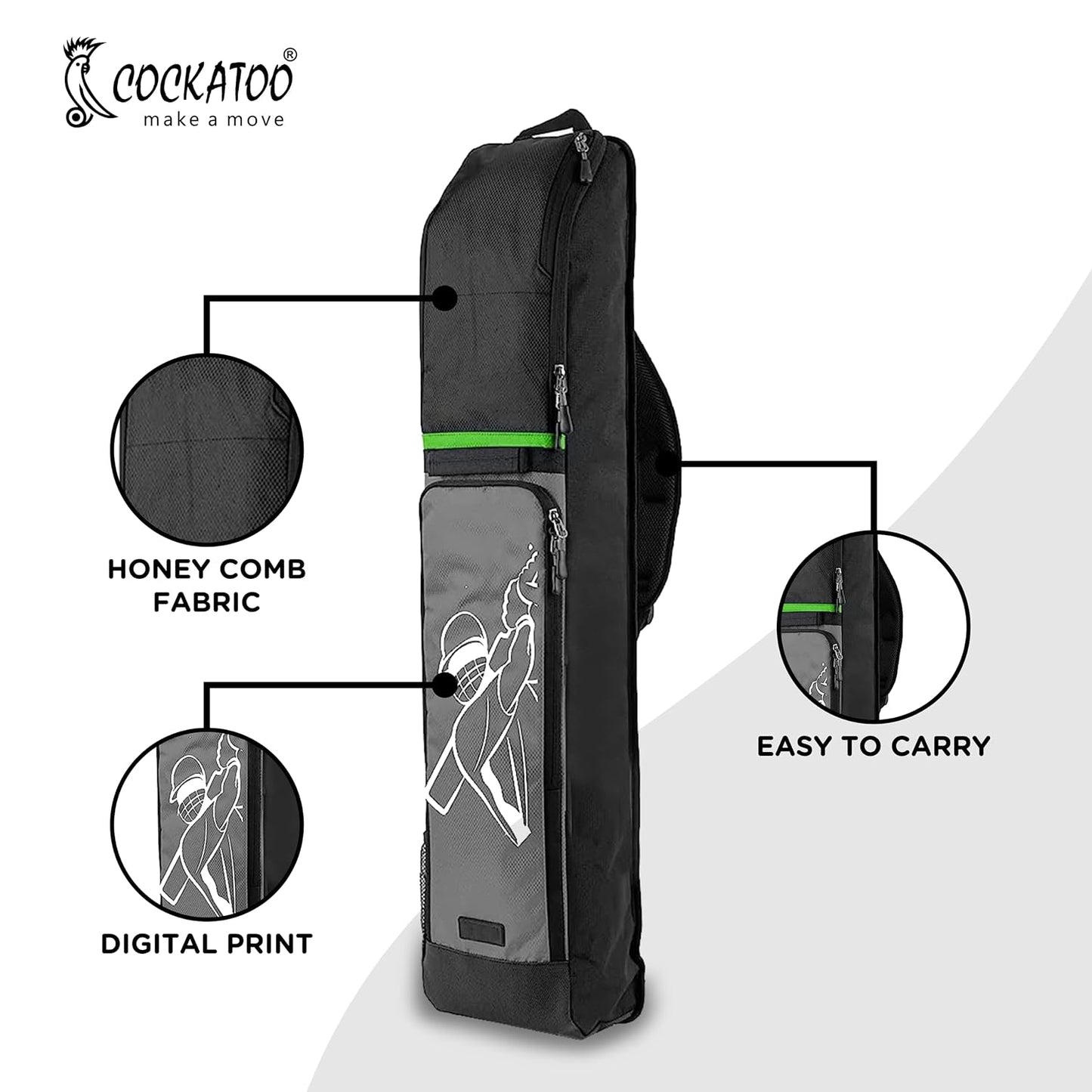 Cockatoo Destructor Complete Cricket Set l Academy Size (34'' x 4.5'') Bat with 3+1 Wicket Set and 1 Wind Ball l Heavy Duty Plastic Power Series l (Black-Florescent Green) l for Ages 15 and Above