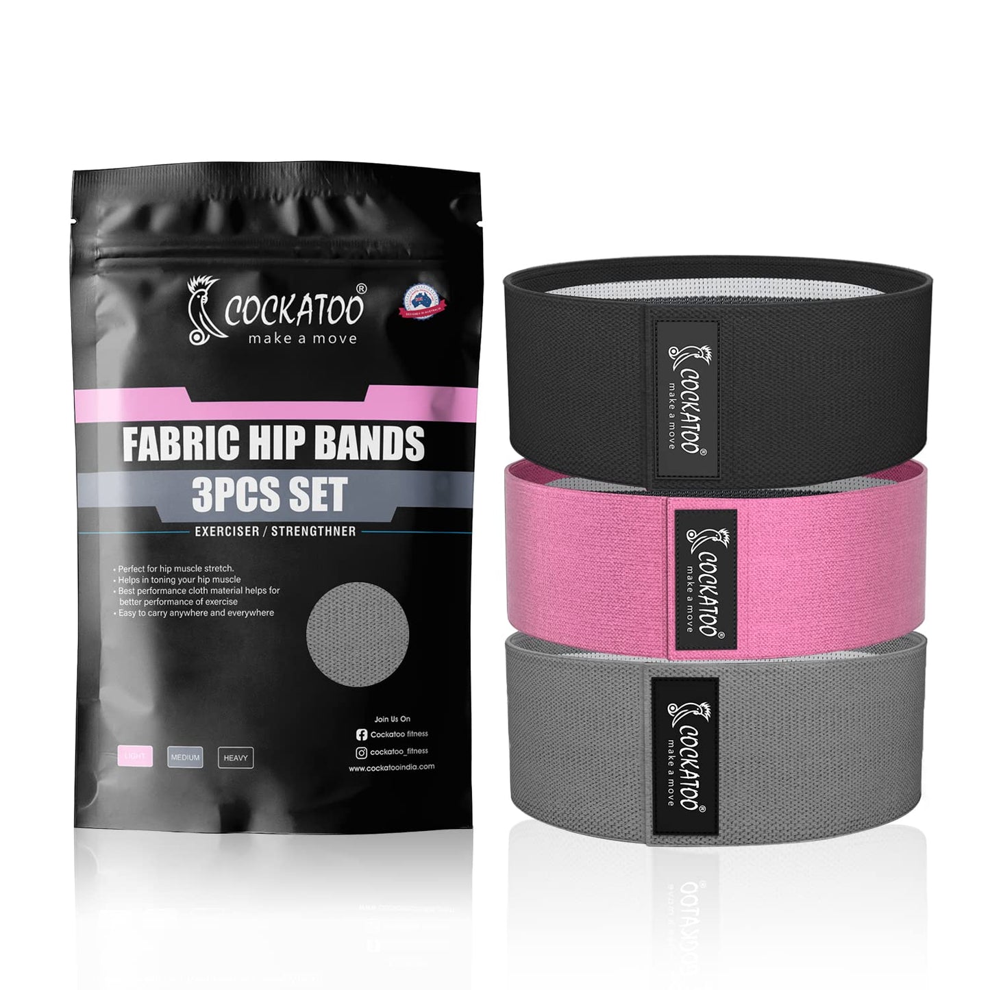 Cockatoo Fabric Resistance Bands for Working Out, Exercise Bands Workout, 3 Booty Bands for Women Legs and Glutes, Pilates Flexbands,Loop Hip Band for Women(6 Month Warranty) (Light-Medium-Hard)
