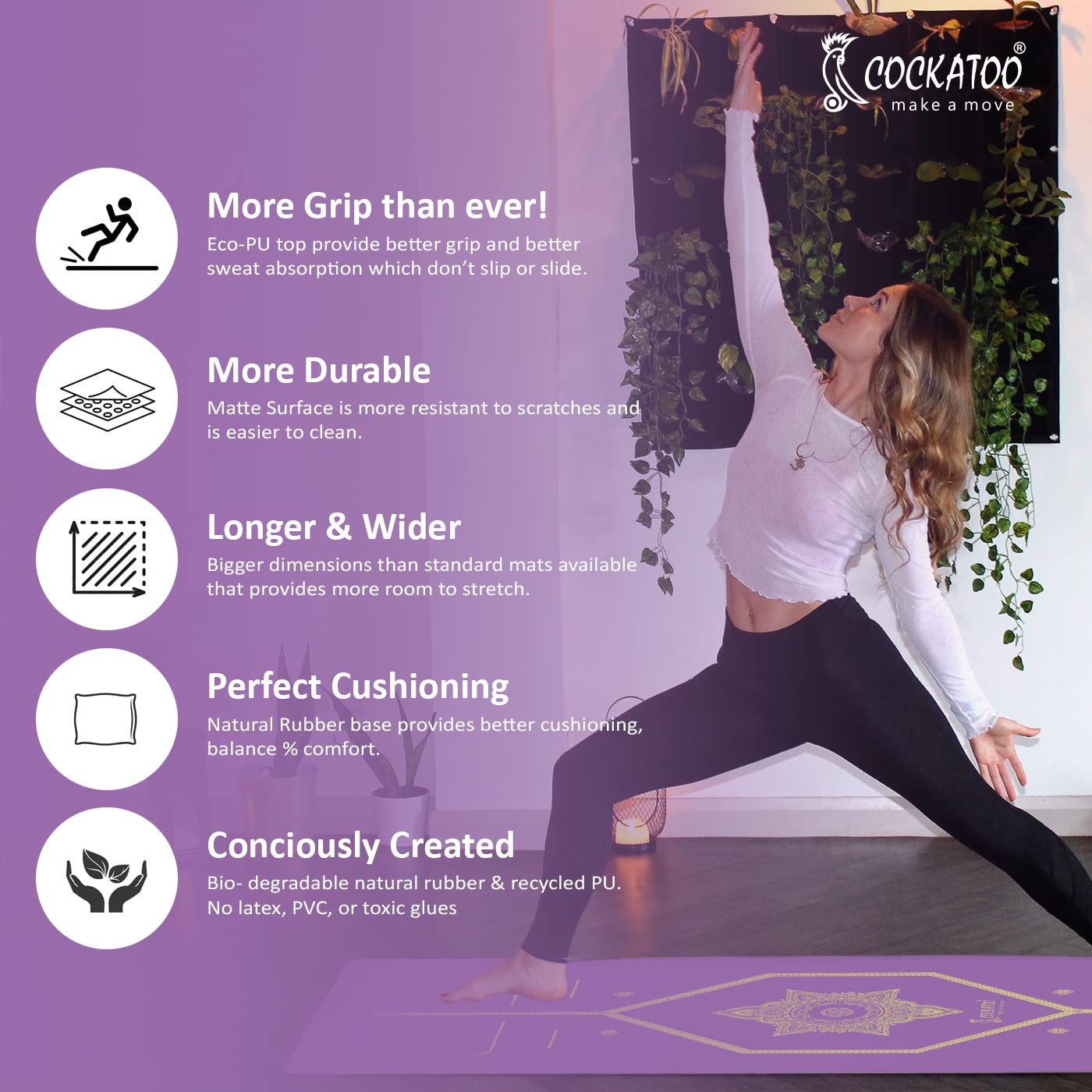 Cockatoo Super Premium 5.5 MM Pure Natural Rubber Non Slip, Unrolls Flat Always, Sweat Absorbent Yoga Mat For Women and Men with Cover Bag L-183CM x W-61CM (1 Year Warranty)