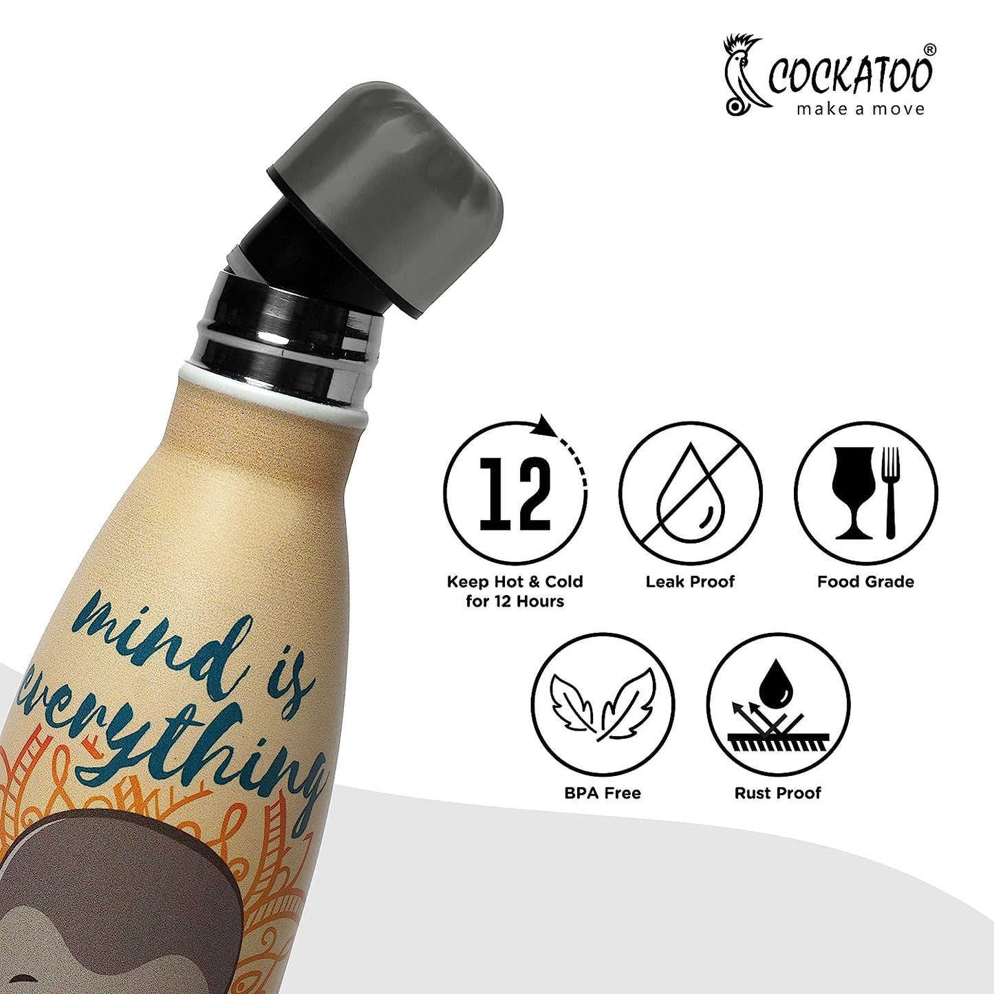 Cockatoo YogaLite Stainless Steel Vacuum Insulated 24 Hrs Hot & Cold Sports Bottle for Yoga & Cycling, 500 ML, Pack of 1