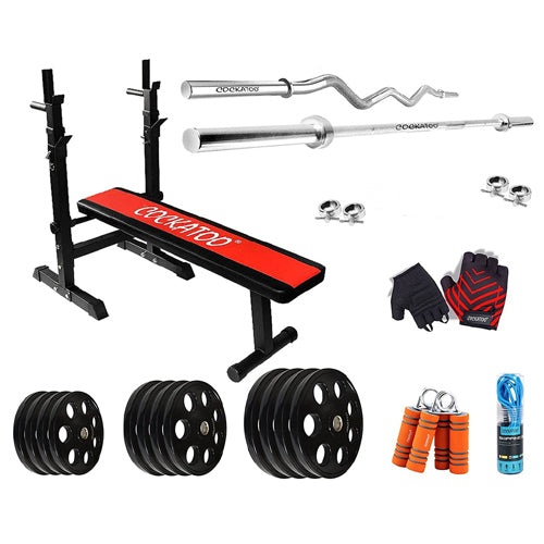 Cockatoo (10Kg to 200 Kg) Home Gym Combo With (51 mm Diamater) 7 Holes Metal Integrated Olympic Weight Plates & Adjustable Weight Bench; Home Gym Set