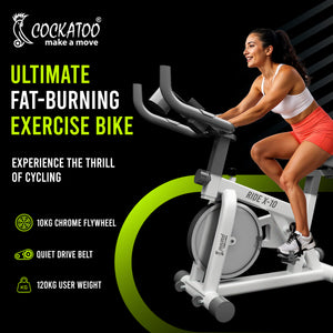 Cockatoo Ride X10 Spin Bike Exercise Cycle For Home| Flywheel Size 10 Kg| Max Weight Capacity- 100 Kg, White