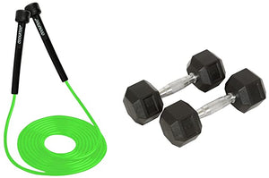 Cockatoo, Skipping Rope; Jump Rope (Green)&Cockatoo Rubber Coated Professional Hex Dumbbells (Pack of Two) ; Hex Dumbbells (10 kg(Each))