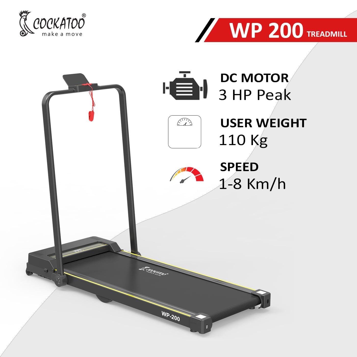 Cockatoo WP-200 1.5HP - 3HP Peak Motorized Treadmill, Walking Pad for Home, Foldable Treadmill, Max Speed- 8 Km/Hr, Max Weight 110 Kg(Free Installation Assistance, 1 Year Warranty)
