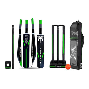 Cockatoo Destructor Complete Cricket Set l Academy Size (34'' x 4.5'') Bat with 3+1 Wicket Set and 1 Wind Ball l Heavy Duty Plastic Power Series l (Black-Florescent Green) l for Ages 15 and Above