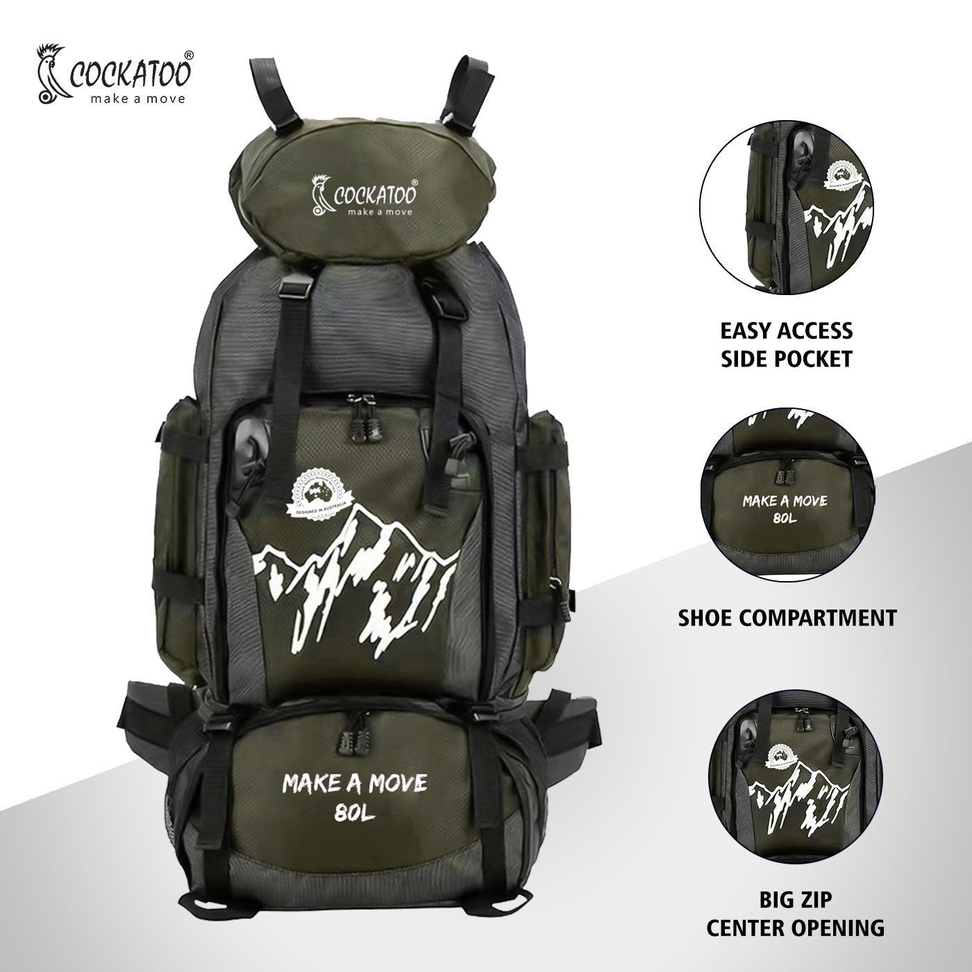 Cockatoo Trek Pro 80L Rucksack Trekking Bag Waterproof Army Green