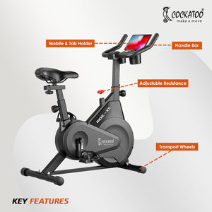 Cockatoo Ride-X5 Kg Fly Wheel Spin Bike | Adjustable Resistance for Home Workout | Max Weight Capacity: 100 kg