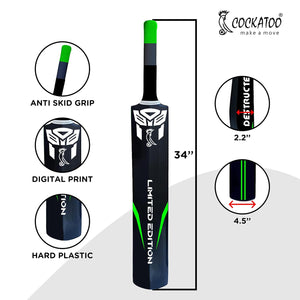 Cockatoo Destructor Complete Cricket Set l Academy Size (34'' x 4.5'') Bat with 3+1 Wicket Set and 1 Wind Ball l Heavy Duty Plastic Power Series l (Black-Florescent Green) l for Ages 15 and Above