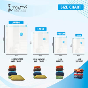 Cockatoo Space-Mate Vacuum Bags for Travel With Pump | Value Pack Of 12 (3 Jumbo, 3 Large, 3 Medium, 3 Small)