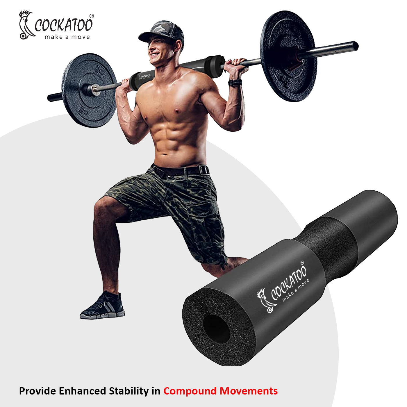 Cockatoo Black Barbell Pad with Enhanced Cushioning for Weight Lifting, Squats, and Hip Thrusts - Standard Size Foam Neck and Shoulder Support