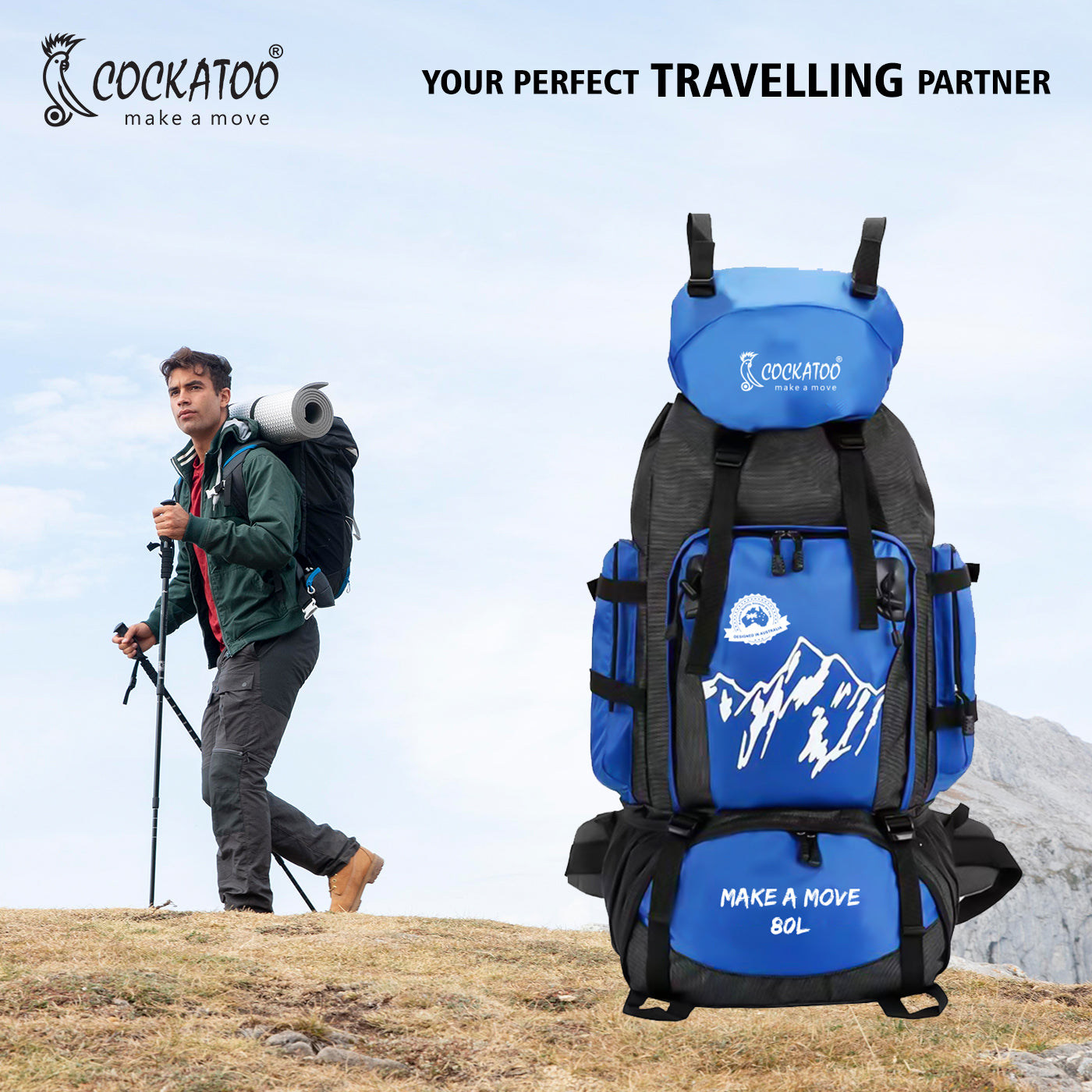 Cockatoo Trek Pro 80L Rucksack Trekking Bag Waterproof Blue