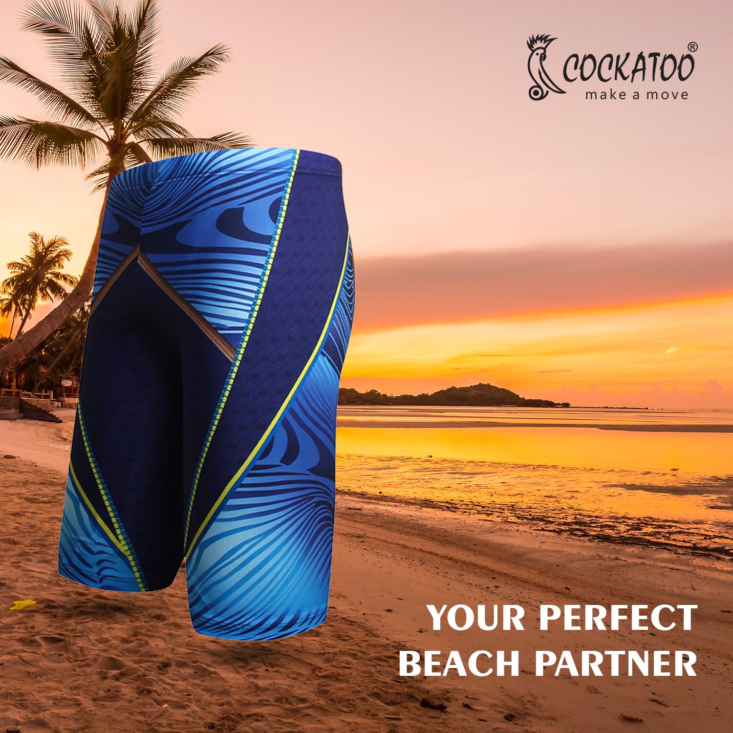 Cockatoo Printed Swim Shorts for Men| Dry-Fit Active Wear Men| Blue