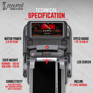 Cockatoo Delta X5 5HP Peak Treadmill With 3 Level Manual Incline| Speed 16 Km/Hr |Max User Weight 130 Kg