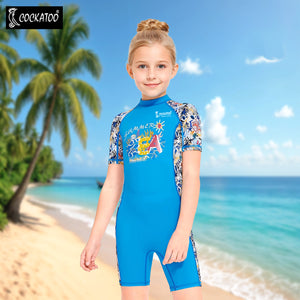 Cockatoo Swimming Costume For Girls| Half Knee Polyester Kids Swim Wear| Blue