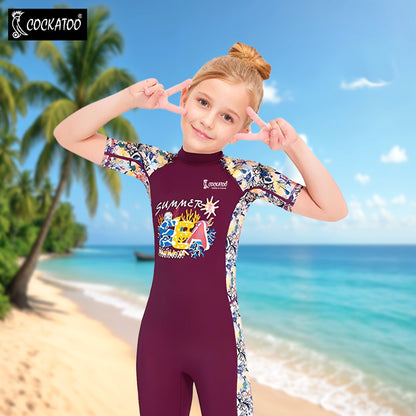 Cockatoo Swimming Costume For Girls| Half Knee Polyester Kids Swim Wear| Red