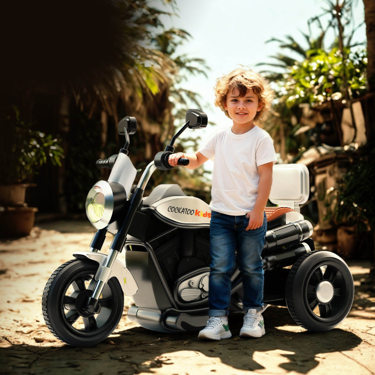 Cockatoo 5ECruise Rechargable White Harlay Electric Kids Bike for 1-5 Yrs with Music & LED