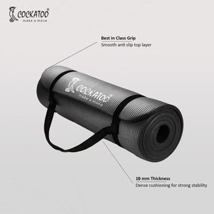 Cockatoo Yoga Mat 10mm For Men & Women| Anti Slip with Carrying Strap, Black