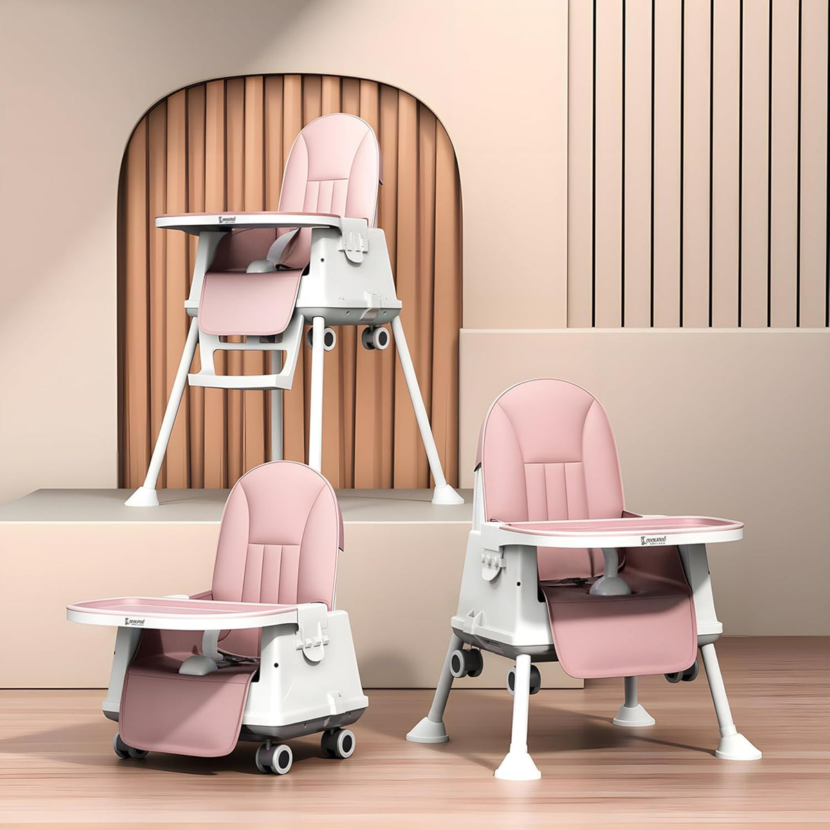 Pink and white baby high chairs on a wooden floor with a neutral wall background