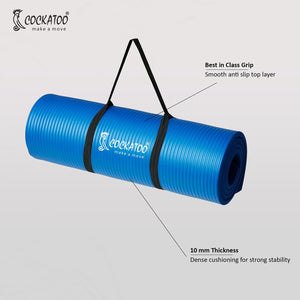 Cockatoo Yoga Mat 10mm For Men & Women| Anti Slip with Carrying Strap, Blue