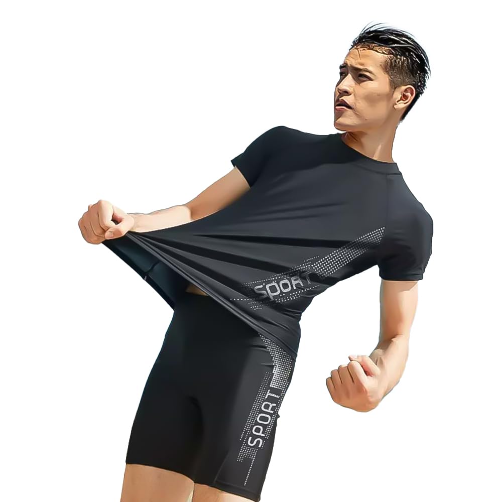 2 Piece Stretchy Dri-fit Compression pull on shirt and Short Set, Active Wear Men, Black, Size M -L