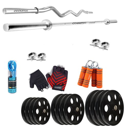 Cockatoo (10Kg to 200 Kg) Home Gym Combo with (51 mm Diamater) 7 Holes Metal Integrated Olympic Weight Plates; Home Gym Set
